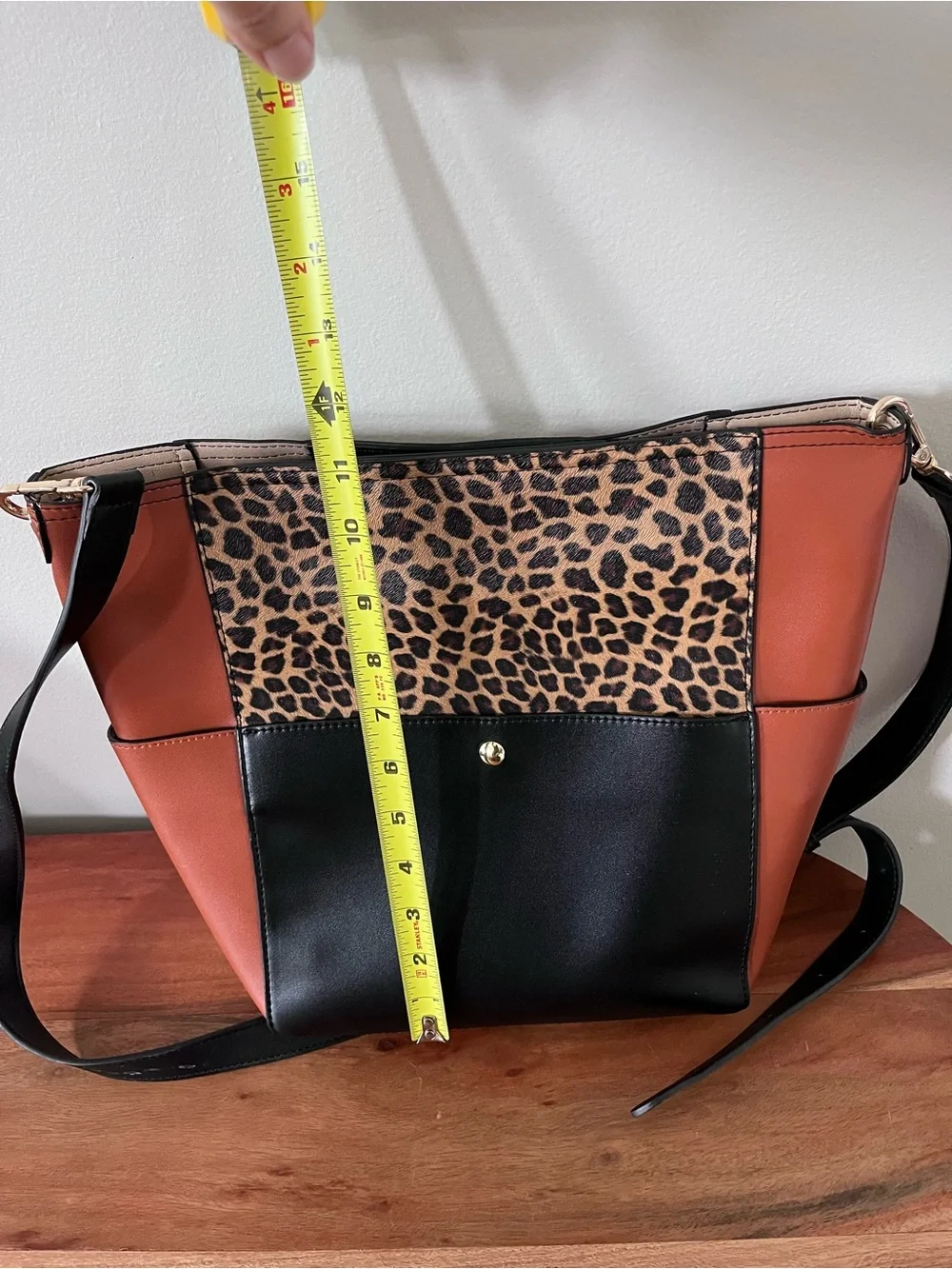 Bromen Leopard Print Colorblock Crossbody Bucket Bag Black Cognac Vegan Leather